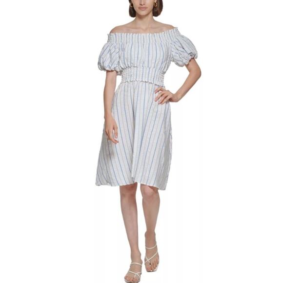 Calvin Klein Dresses & Skirts - Calvin Klein Women's White Blue Striped Off-The-Shoulder Dress Size 14